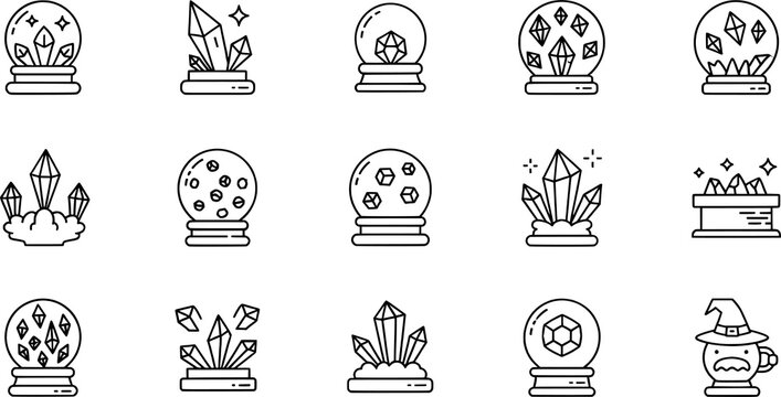Crystal and magic silhouettes collection, mystical fantasy icons, enchanted illustration, wizard design, minimalist black vector artwork