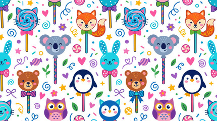 Fototapeta premium Cute Animals Lollipops Vector Pattern: Happy Fox, Bear, Penguin, Owl, Cat, Koala