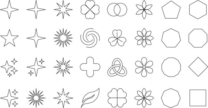 Geometric Shape and Sparkle Line Icon Set, Abstract Geometric Design Elements, Simple Black Outline Polygons, Stars, Flowers, and Symbols Vector Collection