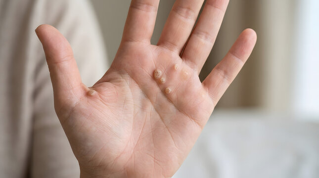 Human hand showing viral warts on palm. Close up of skin condition and dermatological issue.