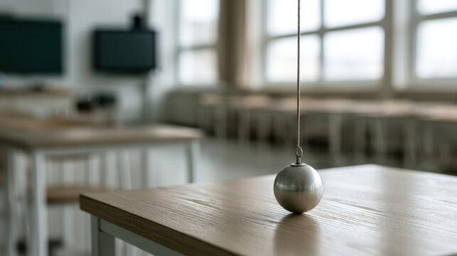 Physics pendulum experiment on a classroom desk demonstrating motion gravity and scientific principles in an educational setting