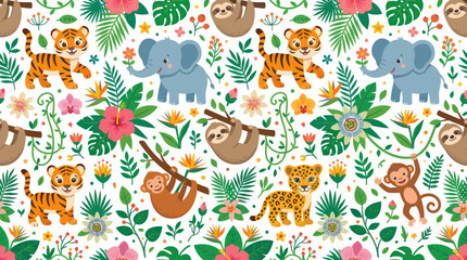 Fototapeta premium Cute Jungle Animals Seamless Pattern, Flat Vector Style, Perfect for Kids' Decor