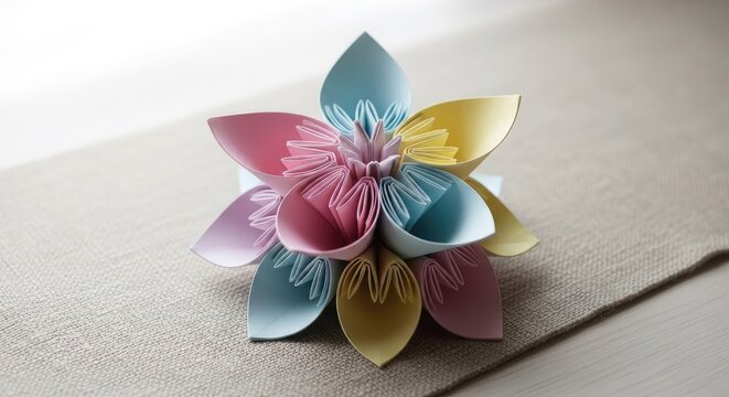 Handmade multi-colored origami paper flower on textured surface.