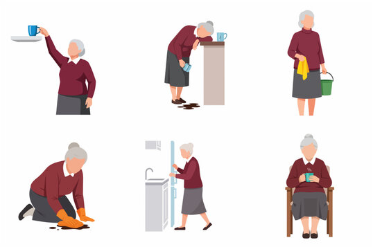 Set of elderly woman character doing daily activities and household chores with signs of aging and memory loss