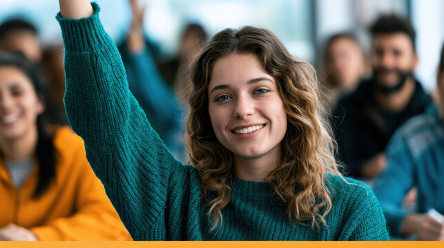 Smiling student raising hand to answer a question during an interactive classroom lesson with classmates in the background