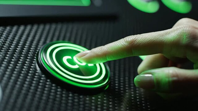 Finger pressing glowing green co2 button for carbon neutrality and environmental sustainability concept