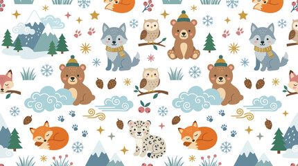 Fototapeta premium Cute Winter Woodland Animals Seamless Pattern Vector Illustration for Kids and Baby Textile Design