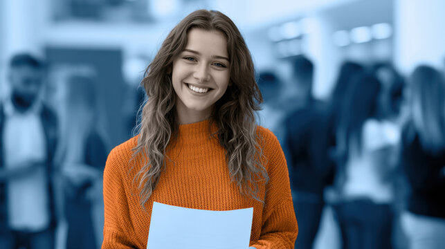 Smiling student holding exam paper after achieving excellent results in a modern school with classmates blurred in the background