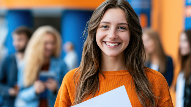 Smiling student holding exam paper after successful results in modern school hallway with classmates blurred behind