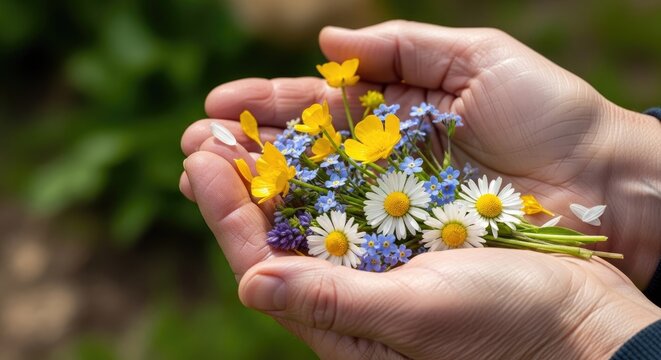 Cupped hands holding colorful bunch of fresh wildflowers.