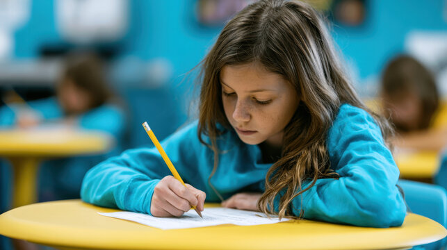 Focused schoolgirl writing exam with pencil in classroom demonstrating concentration and academic learning