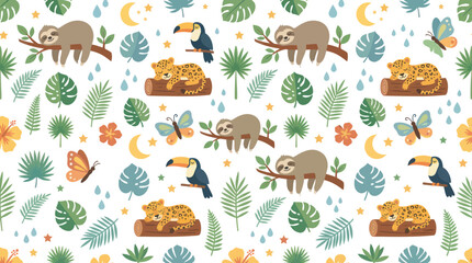 Fototapeta premium Cute Tropical Seamless Pattern with Sloths, Toucans, Leopards, and Butterflies in Flat Style