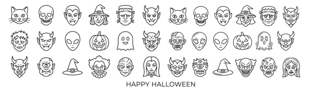 Happy Halloween Icon Set &ndash; Spooky Halloween Faces and Costume Outline Collection