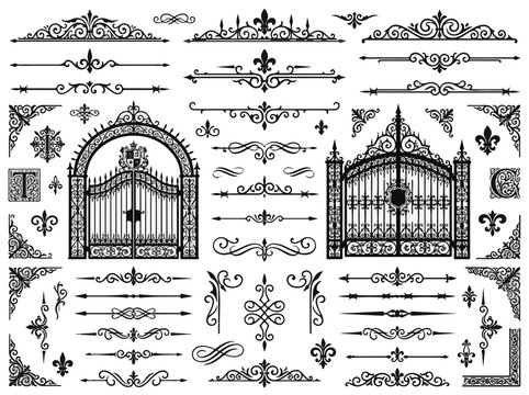 Ornate Victorian Gate and Decorative Elements Vector Set