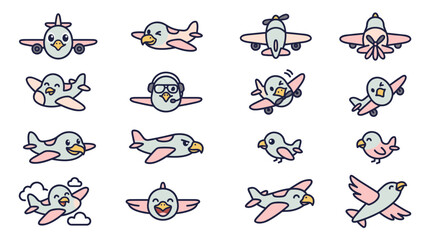 Cute Bird Airplanes: Whimsical Aviator Characters Collection © Mas Komplong