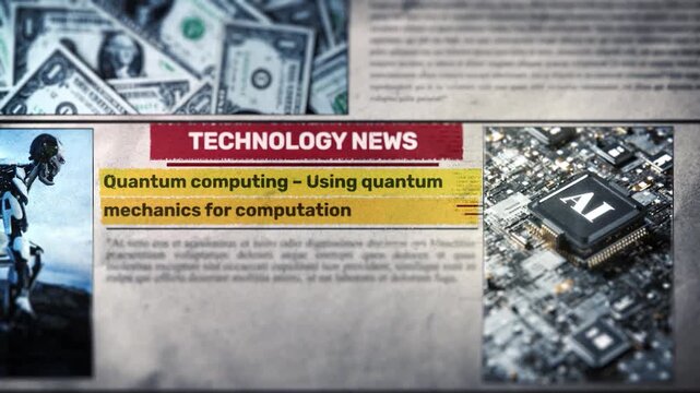 Technology news display showing quantum computing with artificial intelligence robot in city video robotics screen cityscape urban future innovation automation mechanics digital