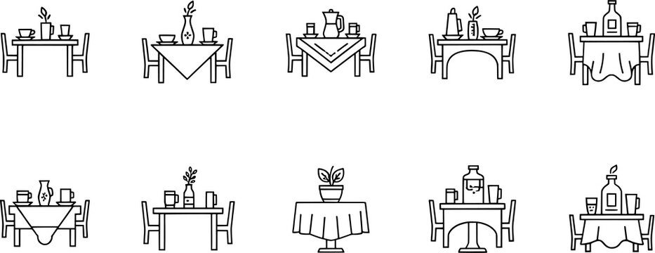 Dining table line art set, minimalist black white icons, tableware decoration, hospitality design, restaurant furniture, modern interior illustration