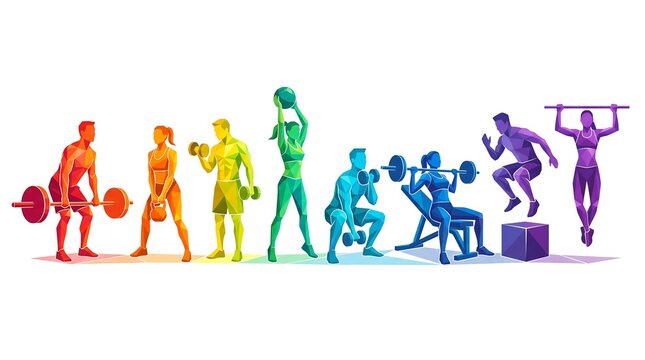 Colorful low poly fitness people performing various strength training exercises in a row isolated concept
