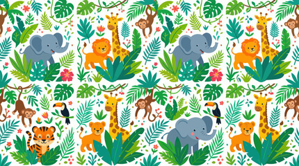 Obraz premium Cute Jungle Animals Seamless Pattern: Elephants, Lions, Giraffes, Monkeys, Toucan - Flat Style