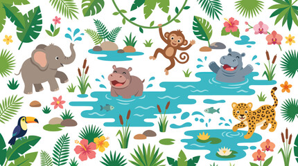 Obraz premium Cute Cartoon Jungle Animals Flat Illustration - Safari Wildlife Character Vector for Kids