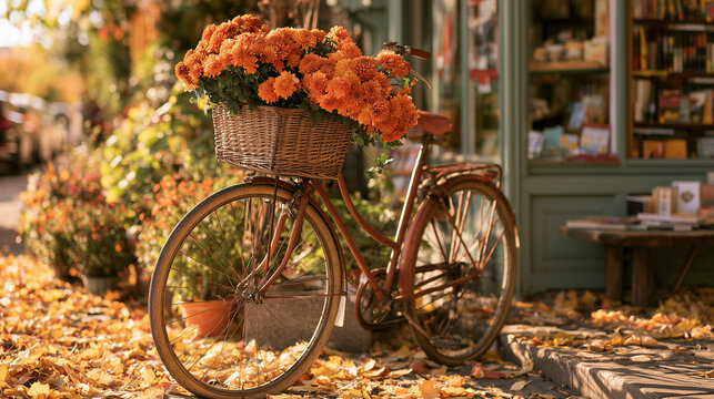 Vintage bicycle with a wicker basket overflowing with orange chrysanthemums parked beside a charming bookstore, colorful autumn leaves everywhere, shallow depth of field