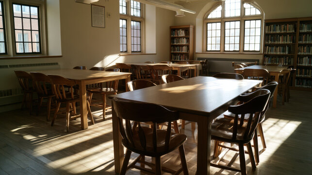 Sunlit library reading room with wooden study tables and bookshelves