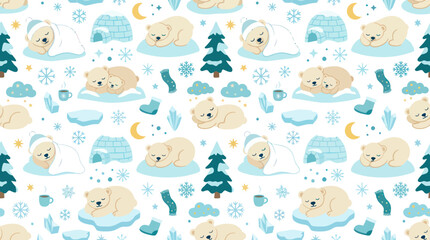 Obraz premium Cute Flat Cartoon Polar Bears Winter Seamless Pattern. Arctic Animals, Igloos, Snowflakes, and Ice Elements.