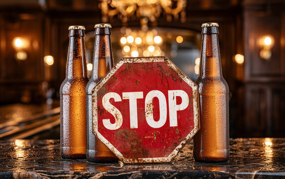 Red stop sign and beer bottles sit on a wet bar counter. Dark pub atmosphere with blurred lights and shelves of alcohol in background.
