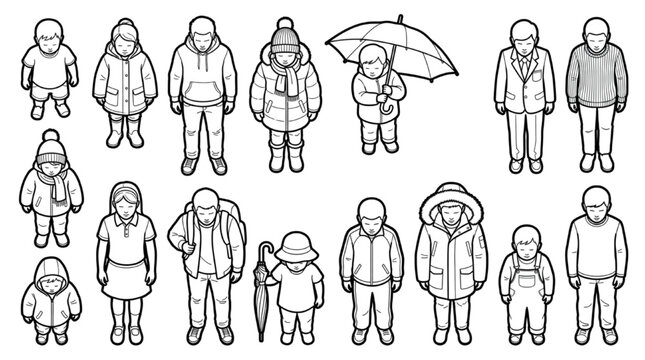 Architectural top view CAD blocks of people in winter coats with umbrellas vector
