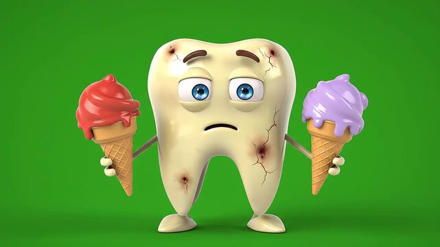 A cartoon tooth character with decay and cracks holds two ice cream cones, depicting dental sensitivity and the impact of sugary treats.