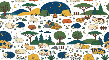 Naklejka premium Cute cartoon seamless pattern of farm animals sleeping in nature at night