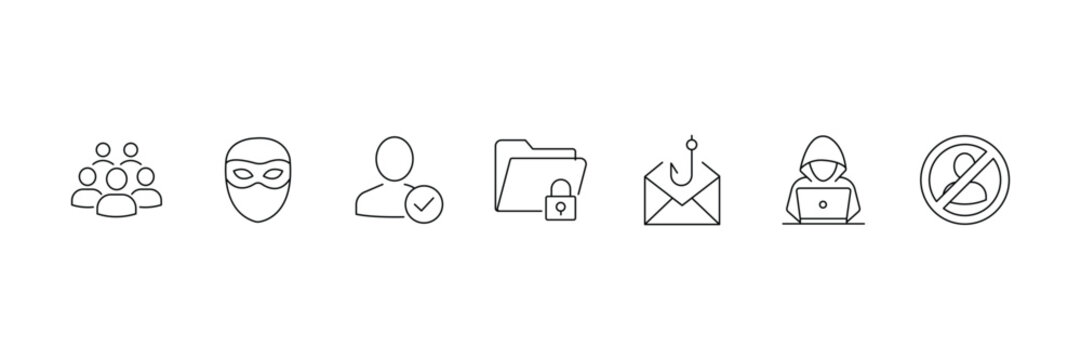 Cybersecurity icons set for hacker network data protection vector thin line symbols isolated on white background.