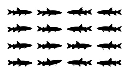 Fototapeta premium Shark Silhouettes Collection, Marine Wildlife Vector Icons, Ocean Predator Graphics, Underwater Animal Set