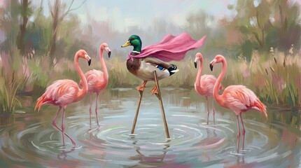 Obraz premium Superhero mallard duck wearing cape standing with pink flamingos.