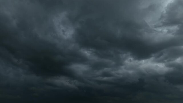 Aerial 360 degree panoramic view of dark storm clouds creating a dramatic atmosphere, symbolizing incoming climate disasters, extreme weather risks, global warming consequences, and environmental. 4k.