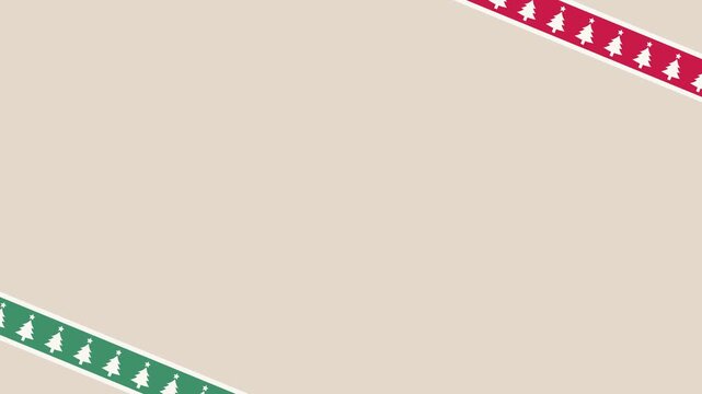 Seamless looping background animation of top and bottom red and green stripes with moving Christmas trees and cream beige text copy space area. Flat style template for frame and border designs