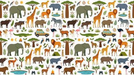 Naklejka premium African Safari Wildlife Animals and Nature Flat Design Seamless Pattern Vector Illustration for Kids