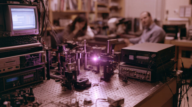 Advanced optics laboratory with laser experiment and scientific equipment used for university research engineering innovation and photonics development
