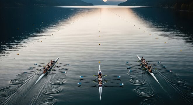 Synchronized rowing crews competing fiercely on a tranquil lake at sunrise, showcasing power and teamwork.