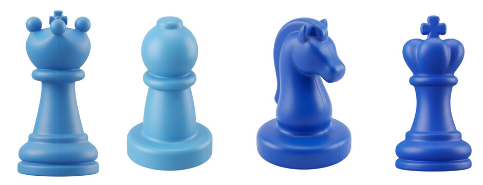 Blue plastic chess pieces including queen bishop knight and king arranged in a professional isolated set view on transparent background