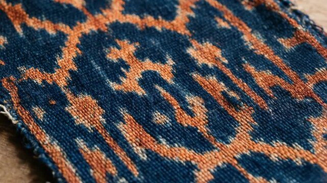 Close up detail of traditional woven textile with blue and orange pattern