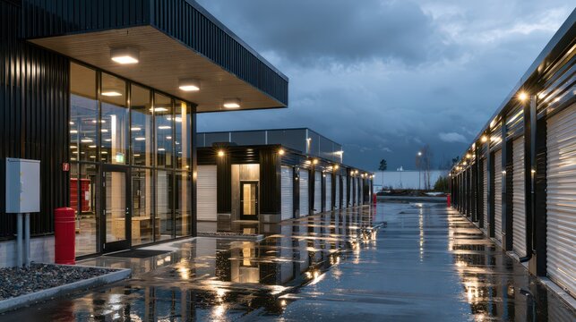 Modern illuminated self storage facility exterior with rain reflections at dusk with overcast evening sky wet pavement reflections showcases sleek contemporary