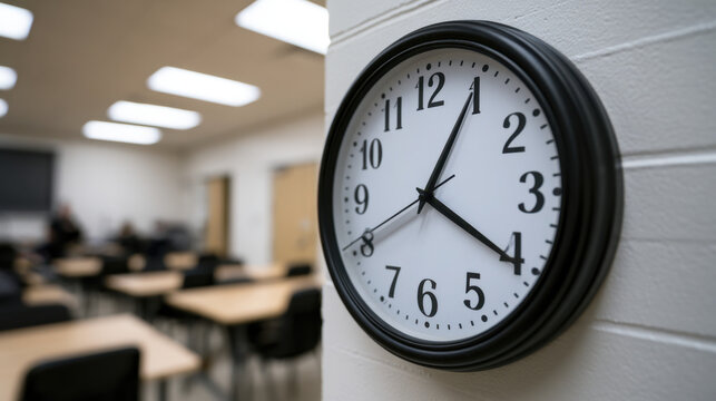 Wall clock in classroom showing lesson time with blurred desks and educational interior