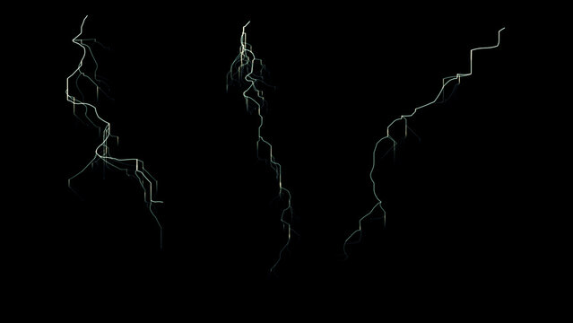 Glowing white electric lightning bolts isolated on black background