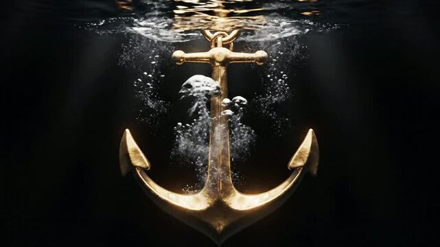 Golden ship anchor sinking underwater with rising air bubbles, cinematic nautical concept for maritime travel and stability background
