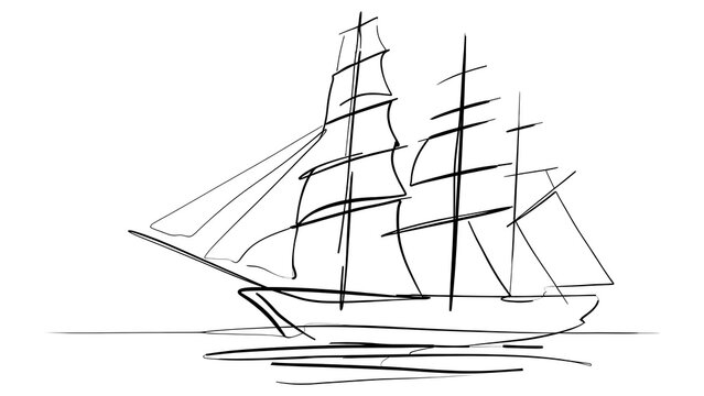 Hand drawn sailing ship sketch white background.