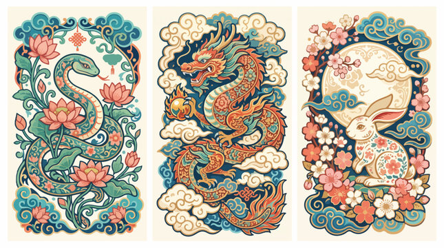Chinese zodiac animals illustration. Traditional Asian horoscope symbols and art design.