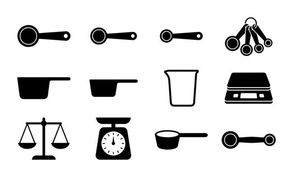 Kitchen Measuring Tools Collection, 12 Vector Icons: Measuring Spoons, Cups, Beakers, and Scales for Cooking and Baking Graphics