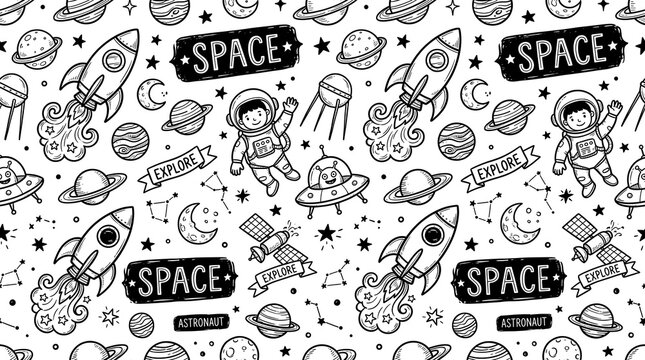 Seamless space exploration doodle pattern with elements with displays seamless black, pattern filled hand