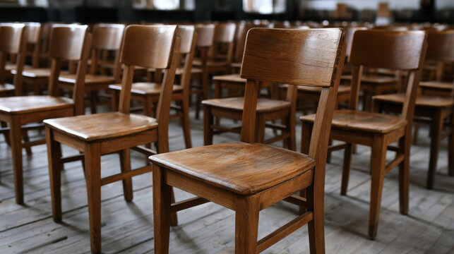 Vintage wooden classroom chairs neatly arranged in an empty historic school interior